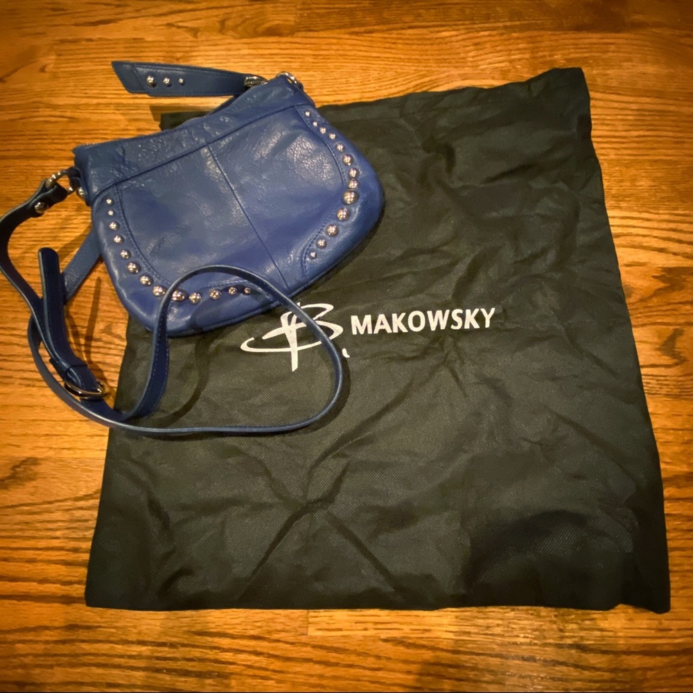 B Makowsky Colbat Blue Leather Studded Crossbody